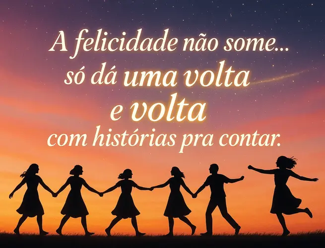 Grupo de pessoas de mãos dadas ao entardecer, alegria que ressurge com o tempo.