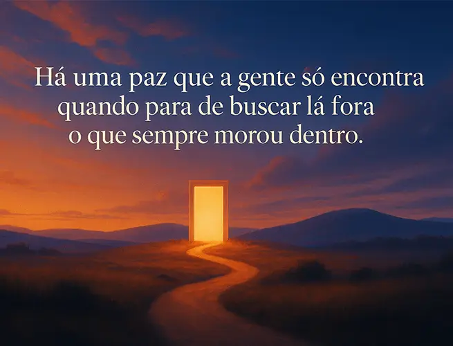 Porta aberta ao pôr do sol com caminho iluminado, sentimento de paz interior.