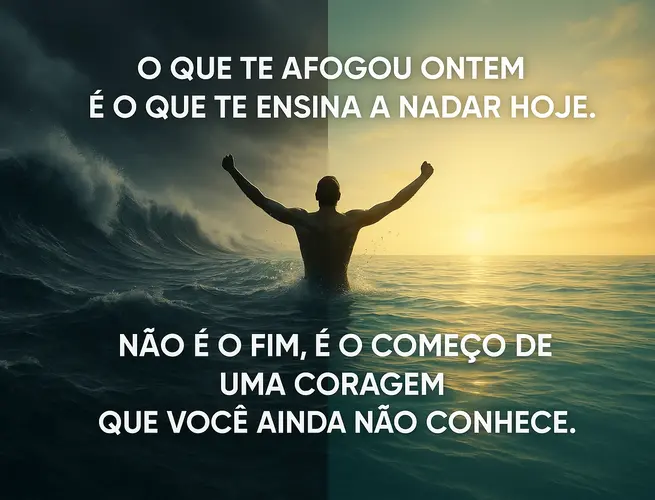 Pessoa com braços erguidos no mar ao amanhecer, lição de coragem.