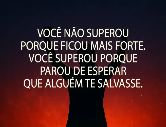 Silhueta sobre fundo vermelho intenso, mensagem de superação interior.