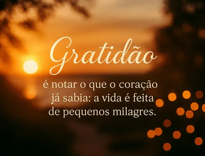 Pôr do sol suave com luzes desfocadas, mensagem de gratidão.