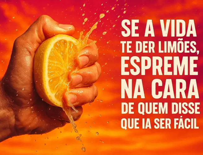 Mão espremendo limão com força, ironia sobre enfrentar dificuldades com atitude.