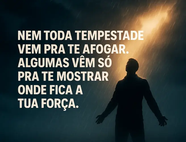 Silhueta sob tempestade com raio ao fundo, mensagem de força.