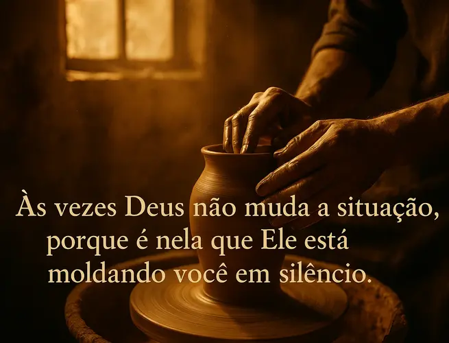 Mãos moldando barro sob luz quente, metáfora sobre o cuidado silencioso de Deus.