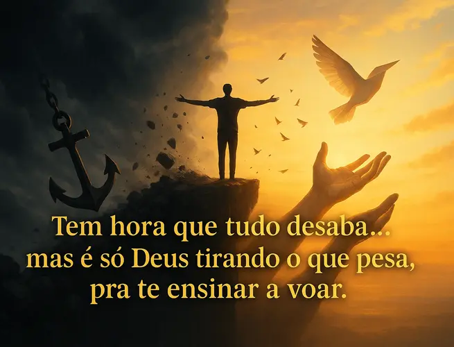 frase de deus: Pessoa se libertando de âncora com pássaros ao fundo, símbolo de fé e libertação.