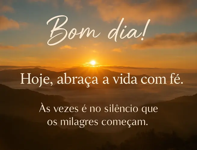 Sol radiante entre montanhas douradas com reflexão sobre abraçar a vida com fé.