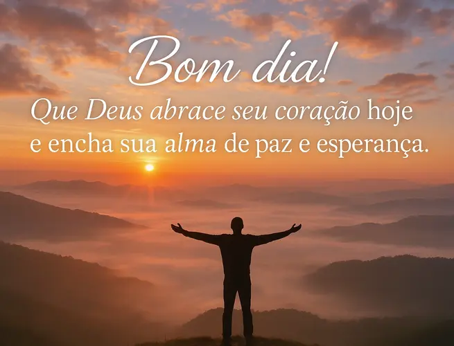 Horizonte dourado sobre montanhas com oração pedindo que Deus abrace o coração.