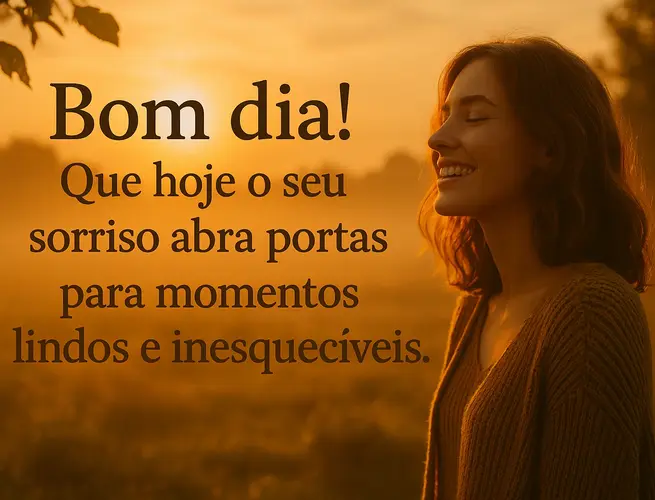 Mensagem positiva sobre deixar o sorriso abrir portas para momentos lindos e inesquecíveis.
