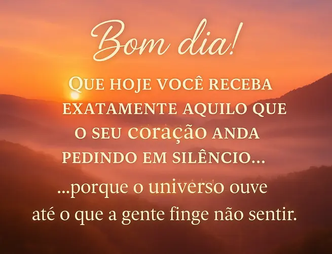 Céu alaranjado ao amanhecer com mensagem sobre ouvir o coração em silêncio e confiar no universo.