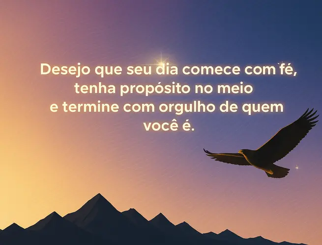 Céu em tons dourados e roxos com águia sobrevoando picos, simbolizando orgulho e força.